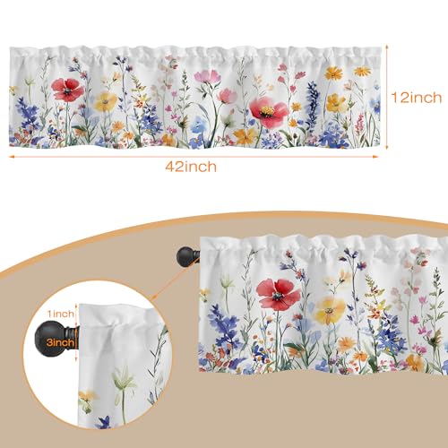 Valances Curtains for Windows,Watercolor Colorful Wildflowers Semi Sheer Curtain Valances, Rod Pocket Short Window Treatment Light Filtering Decor Valances for Kitchen Bedroom - 42"x12" - color: Watercolor Colorful Wildflowers, size: 12"W x 42"L (Pack of