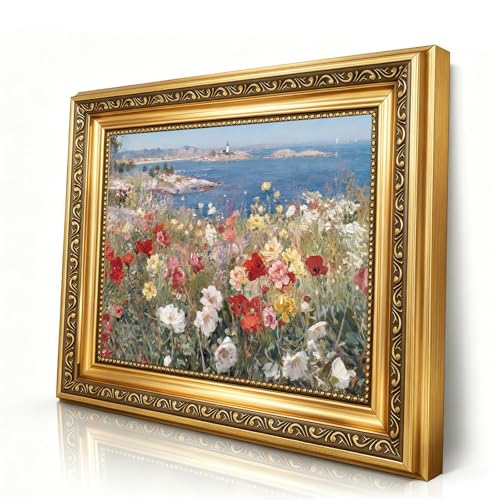NHEITECHAR Vintage Wall Art Framed, Coastal Wildflower Landscape Canvas Print, Gold Framed Ocean View Painting, Farmhouse Wall Decor for Living Room Bedroom, 12x16 Inch - color: flower, size: 16"L x 12"W