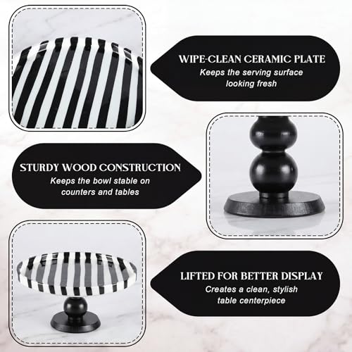 Pedestal Ceramic Fruit Bowl 7.3" Black Striped Decorative Bowl Modern Serving Tray for Kitchen Counter, Bread Fruit Salad Dessert Display Trays, Chic Key Holder for Entry Table Home Decor