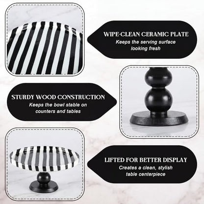 Pedestal Ceramic Fruit Bowl 7.3" Black Striped Decorative Bowl Modern Serving Tray for Kitchen Counter, Bread Fruit Salad Dessert Display Trays, Chic Key Holder for Entry Table Home Decor