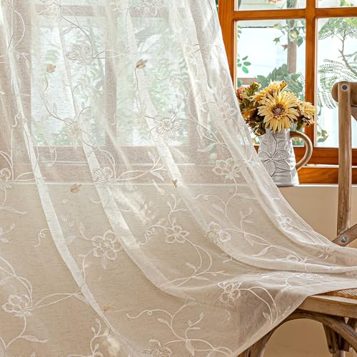 AmHoo 2 Panels Linen Floral Leaf Embroidered Semi Sheer Curtain Farmhouse Voile Curtains for Living Room Bedroom Window Treatment Beige 52 x 63 Inch - color: Beige, size: 52"W x 63"L (Pack of 2)