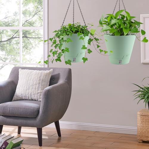 8 Inch Hanging Planters Indoor Outdoor, 3 Pack Plastic Self Watering Plant Pots with Drainage Holes & Saucers, Hanging Baskets Flower Pots with Chain for Ivy, Spider Plant, Pothos, Ferns - color: Green