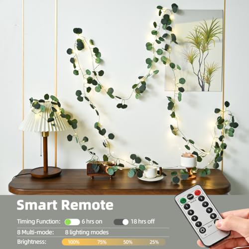 16 FT Eucalyptus Vine with LED Fairy Lights, Remote, USB & Battery Powered - color: Eucalyptus_Battery&USB