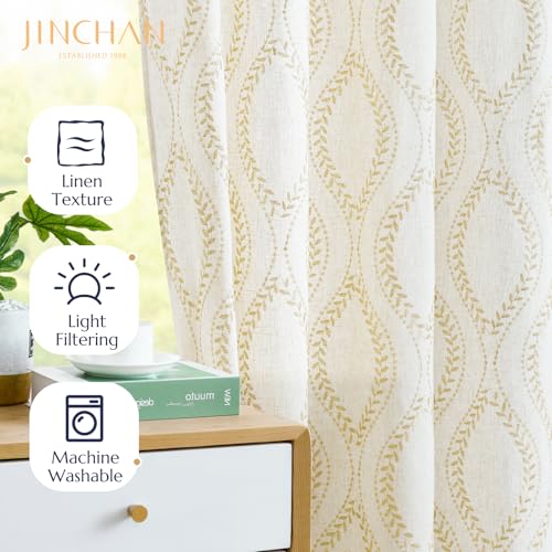 jinchan Boho Linen Curtains 63 Inch Gold on Beige Grommet 2 Panels - color: Vine Gold, size: 50"W x 96"L (Pack of 2)