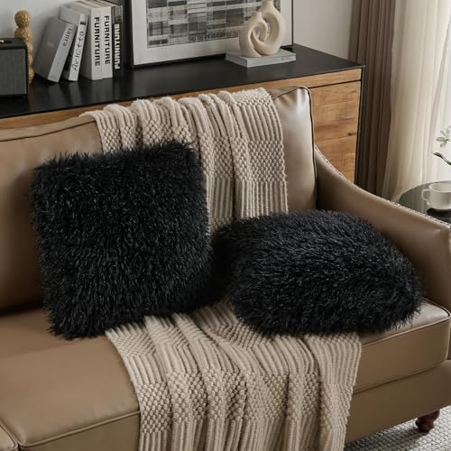 FUTEI Pack of 2 Faux Wool Throw Pillow Covers 18x18 Inch, Black - color: Black