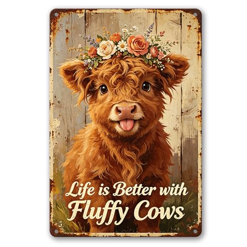 Flower Crown Fluffy Highland Cow & Life Is Better With Fluffy Cows Quote, Rustproof Aluminum Vintage Wall Sign,Rustic Farmhouse Entryway Home Decor, Multipurpose Indoor Outdoor Hanging Plaque 8×12 Inch - color: M2030-Cow1-9