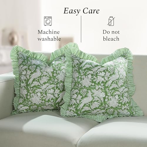 CPC Olive Green Block Print Ruffle Pillow Cover 16x16 Inch, Pack of 2 - color: Olive Green, size: 16" x 16" (Pack of 2)