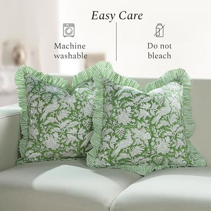CPC Olive Green Block Print Ruffle Pillow Cover 16x16 Inch, Pack of 2 - color: Olive Green, size: 16" x 16" (Pack of 2)