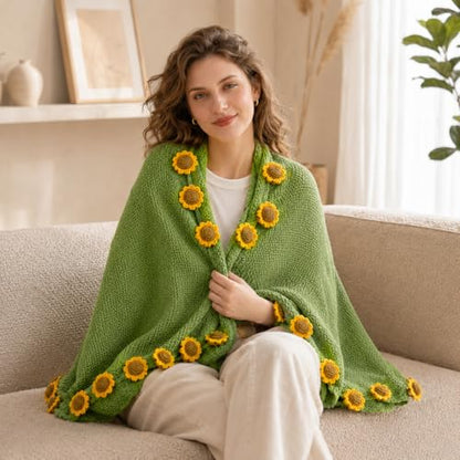 Sunflower Crochet Flower Bouquet Blanket, Handmade Knitted Throw Blanket - color: Green Sunflower, size: Large
