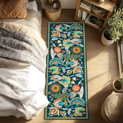 Joydeco Egypt Floral Boho 2x6 Washable Kitchen Hallway Bathroom Rug Runner - color: Dark Green, size: 2' x 6' (Runner)