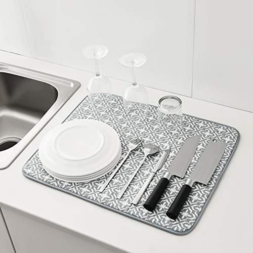 Dish Drying Mat for Kitchen Counter,Machine Washable Matt(Leaf) - color: Leaf Gray 2P 19.5*15.8