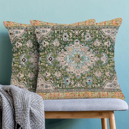 AEIOAE Boho Pillow Covers 16x16 Inch Set of 2,Carpet Pattern Throw Pillows Case,Sage Green Yellow Ethnic Design Outdoor Decorative Square Linen Farmhouse Decor Cushion Covers for Home Sofa Bed Couch - color: Sage Green Yellow, size: 16" x 16" (Pack of 2)