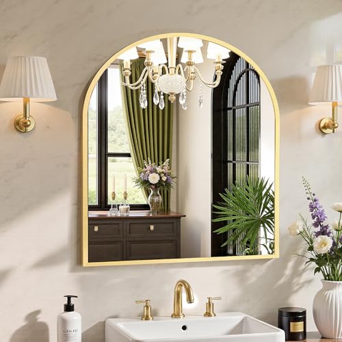 Sweetcrispy 31x32 Bathroom Mirrors for Wall, Arched Mirror for Over Sink - color: Gold, size: 31"L x 32"W