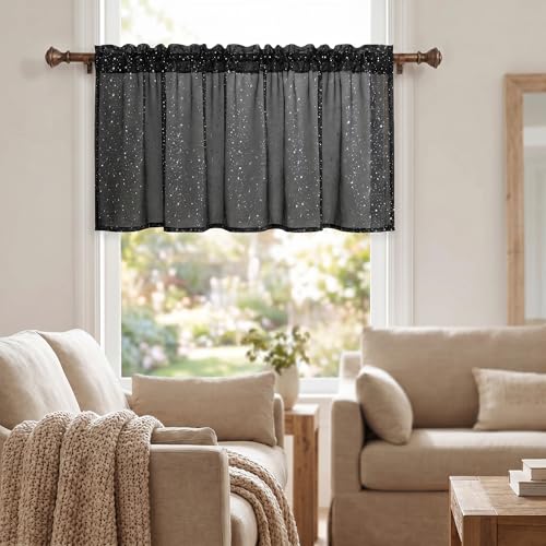Horaldaily 2Pcs Black Sheer Valance 52x14in, Silver Sequin Star, Halloween - color: Black and Sliver, size: 52"W x 14"L (Pack of 2)