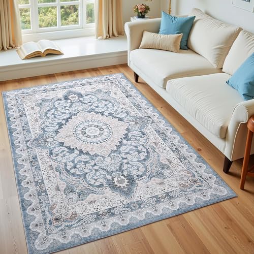 Macgace Washable Vintage Small Area Rug for Bedroom, 3x5 Rugs Blue & Beige - color: Blue & Beige, size: 3' x 5' (Rectangular)