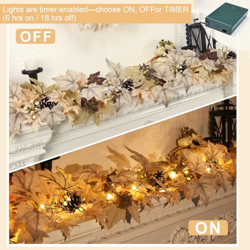 Realistic Fall Garland with Lights, 6 FT Real Touch Feel Leaves Garland with Berries Pine Cones, Fall Decorations for Home Thanksgiving Halloween Decorations Indoor Farmhouse Porch Fireplace - size: 6ft-beige