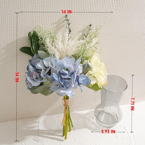 LUEUR Artificial Blue Hydrangea Flowers in Vase Centerpiece – Coastal Style - color: Green & Yellow