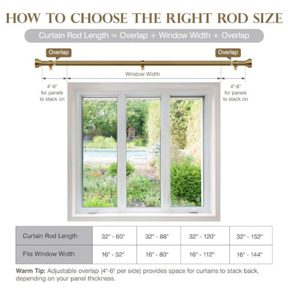 Brushed Brass Curtain Rods 32 to 152 Inch for Windows, 1 Inch Heavy Duty Adjustable Curtain Rod with Modern Solid Metal Finials, Antique Warm Gold Extra Long Drapery Rod for Living Room & Bedroom - size: 32"-152"