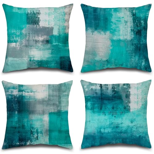 Teal Abstract Throw Pillow Covers 16x16 Set of 4 - color: Teals & Turquoise, size: 16" x 16" (Pack of 4)