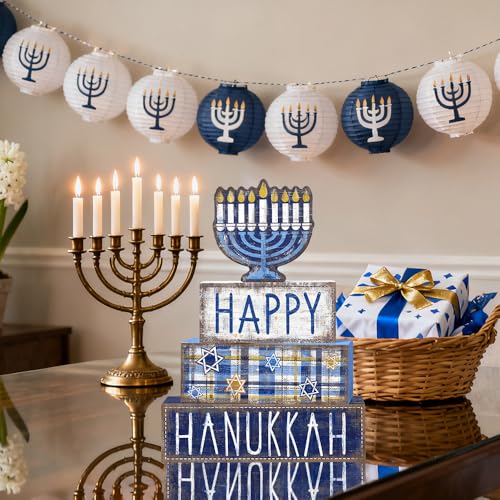 Hanukkah Table Decoration Happy Hanukkah Wooden Block Wooden Menorah Decor - style: Hanukkah