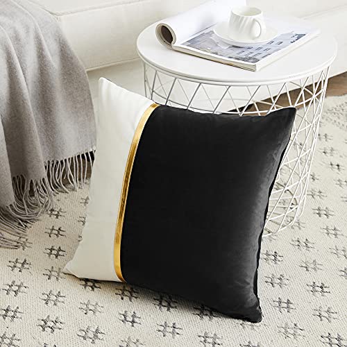 Fancy Homi 2 Packs Black Decorative Throw Pillow Covers 20x20 Inch for Living Room Couch Bed, Black and White Velvet Patchwork with Gold Leather, Luxury Modern Home Decor, Accent Cushion Case 50x50 cm - color: Black, size: 20" x 20" (Pack of 2)