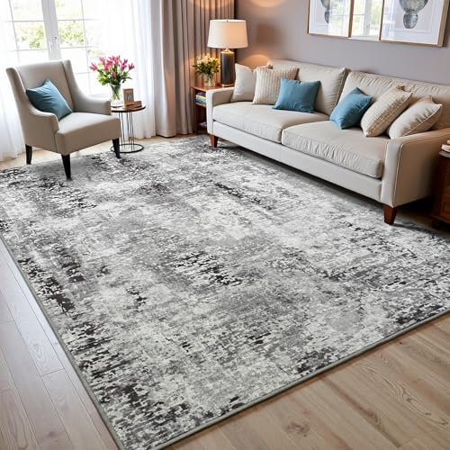 Living Room Area Rug 9x11 Rugs Modern Machine Washable Rug Non Slip Low Pile Large Abstract Rug for Living Room, Bedroom, Farmhouse, Dining Room, Black&Grey - color: Dark Grey, size: 9' x 11' (Rectangular)