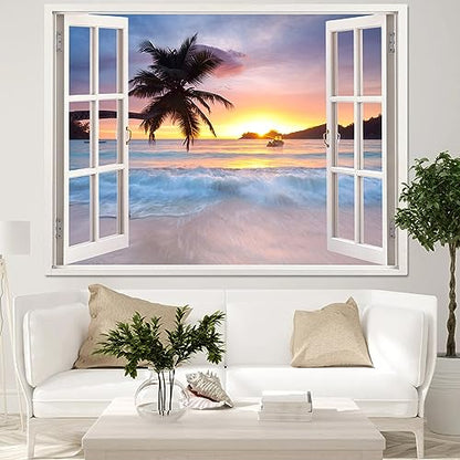 Leeisysme Beach Landscape Tapestry, Tropic Ocean Sea Island Palm Tree Seaside Tapestries for Living Room Summer Window Wall Hanging Yellow Wave 36×48 Inch - color: Yellow Wave, size: 48"L x 36"W