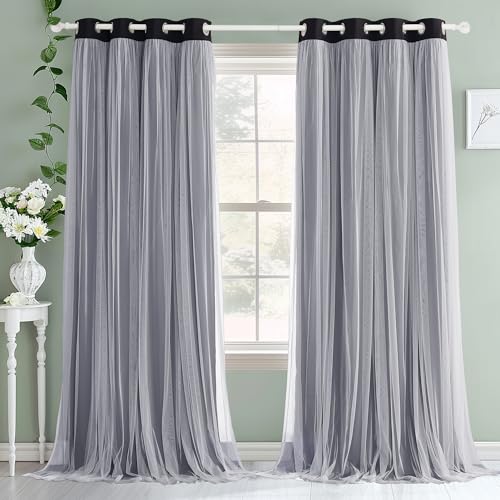 Black Blackout Curtains with White Sheer Overlay for Bedroom/Living Room - color: Black, size: 52"W x 84"L (Pack of 2)