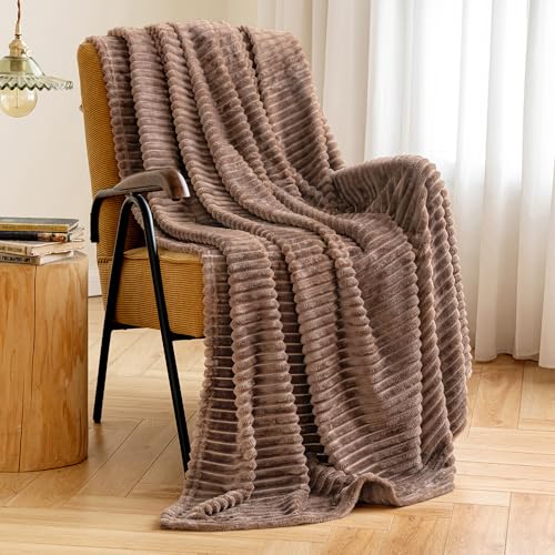 MIULEE Fleece Throw Blanket for Couch 300GSM Super Soft Lightweight Plush Striped Blanket, Brown Warm Cozy Breathable Ribbed Flannel Blanket for Bed/Sofa, Throw Size 50"x60" - color: Brown, size: 50"x60"