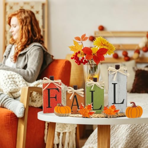 WOHOHOHO 8Pcs Wooden Fall Decorations for Home, "FALL" Wood Table Decor, Pumpkin & Maple Leaf Signs. Rustic Wooden Autumn Thanksgiving Decorations for Home Office Room Bedroom Mantel Tiered Tray