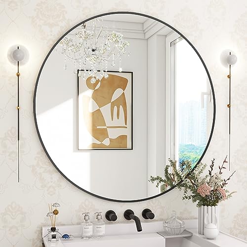 BEAUTYPEAK 30 Inch Round Mirror, Metal Frame Circle Mirror, Black - color: Black, size: 30"L x 30"W