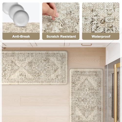 KIMODE Anti Fatigue Kitchen Mats 17"x59"+17"x29",Boho Kitchen Rugs Set of 2 - color: Khaki/Multi, size: 59"L x 17.3"W x 0.47"Th + 29"L x 17.3"W x 0.47"Th