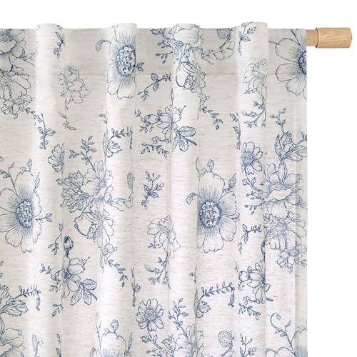 LAMIT Floral Linen Curtains 63 Inch for Bedroom, 2 Panels, Navy Blue - color: Navy Blue, size: 52"W x 63"L (Pack of 2)
