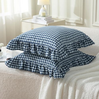 Silnuo Navy Blue/White Gingham Plaid Ruffle Throw Pillow Covers 18"x18" - color: Navy Blue Plaid, size: 18" x 18" (Pack of 2)