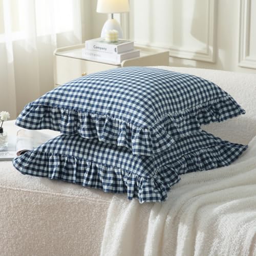 Silnuo Navy Blue/White Gingham Plaid Ruffle Throw Pillow Covers 20"x20" - color: Navy Blue Plaid, size: 20" x 20" - Set of 2