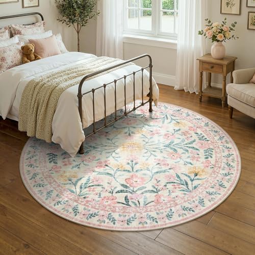 Lahome Pink 6ft Round Rug, Soft Circle Floral Rug for Tween Girls Bedroom - color: Blush Pink, size: 6' (Round)