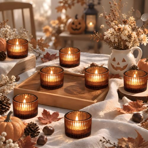 24 Pack Amber Tealight Candle Holders, Glass Votive Candle Holders - color: Amber, size: 1.3" x 2"