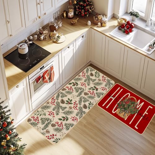 Baccessor Red Christmas Kitchen Rugs Winter Set of 2 17x29 and 17x47 Inch - color: Red Home Sweet Home