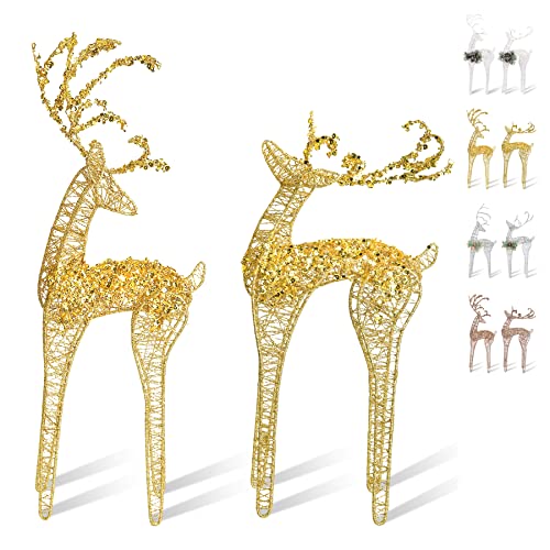 2pc Set White Bead Gold Winding Thread String Christmas Reindeer Figurine Table Desk Decorations Glittering Xmas Holiday Party Supply - color: Gold