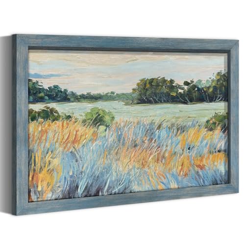 summer melody Abstract Landscape Natural Wood Framed Wall Art 45x30 Inch - color: Teal, size: 45"L x 30"W