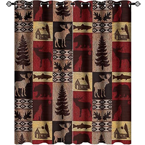 Rustic Cabin Curtains for Bedroom - Vintage Farmhouse Hunting Theme Moose Bear Elk Tree Plaid Window Treatment,Energy Saving Blackout Grommet Curtains 2 Panels 45L x 21W - color: Rustic Cabin, size: 42"W x 45"L (Pack of 1)