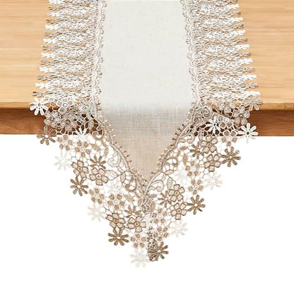 Natural Beige Floral Lace Table Runner Dresser Scarf (16” x90”) - size: 16” x90”