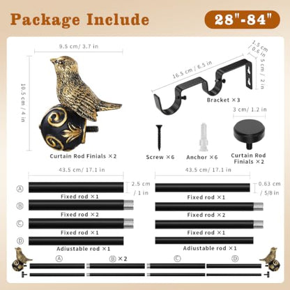 Double Curtain Rods for Windows 48-84 Inch, Gold Bird Finials - size: 48-84