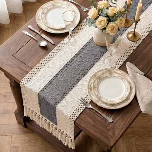 Boho Macrame Table Runner with Tassels 48in Grey Farmhouse Runner - color: White & Grey, size: 12'' x 48''