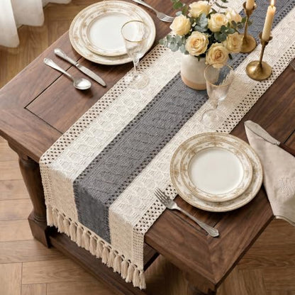 Boho Macrame Table Runner with Tassels 72in Grey Farmhouse Runner - color: White & Grey, size: 12'' x 72''