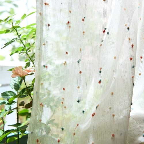 jinchan Colorful Pom Pom Voile Kitchen Tier Curtains 24 Inches 2 Panels - color: Dottie Blush Meadow, size: 26"W x 24"L (Pack of 2)