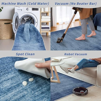 2x6ft Non-Slip Washable Kitchen Rug - Modern Carpet Runner for Hallway,Bedroom Bedside,Laundry Room,Entryway with Rubber Backing – Abstract Neutral Low-Pile Thin (Navy Blue,2x6) - color: Navy Blue, size: 2' x 6' (Rectangular)