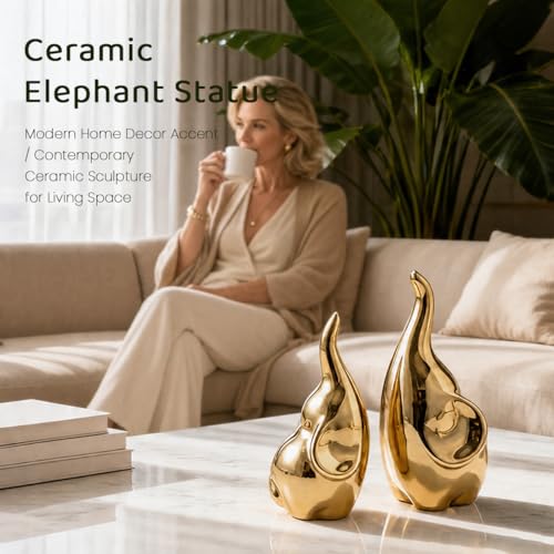 Elephant Decor Ceramic Elephant Statue Home Decor, Pair of Elephant Figurines for Living Room Bookshelf TV Stand Decor, Aesthetic Animal Sculptures Table Centerpiece, Housewarming Gifts (Gold) - color: Gold