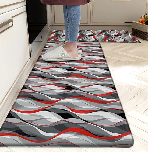 Kitchen Mats for Floor Modern Abstract kitchen rugs Grey and Red Stripe Anti Fatigue Kitchen Mats Waterproof Floor Mats Cushioned Non-Skid Standing Mats for Kitchen, Set of 2,17.3 x 28+17.3 x 47 - color: Grey and Red