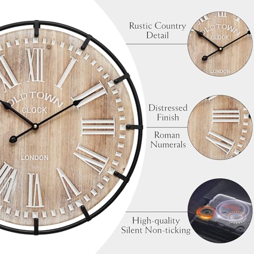 EMAX HOME 20 Inch Large Farmhouse Wall Clock, Rustic Antique Wood with Metal Circle and Large Engraved Numerals, Silent Battery Operated Wall Clock for Office Kitchen Bedroom Living Room - color: Brown, size: 20 Inch Roman numerals